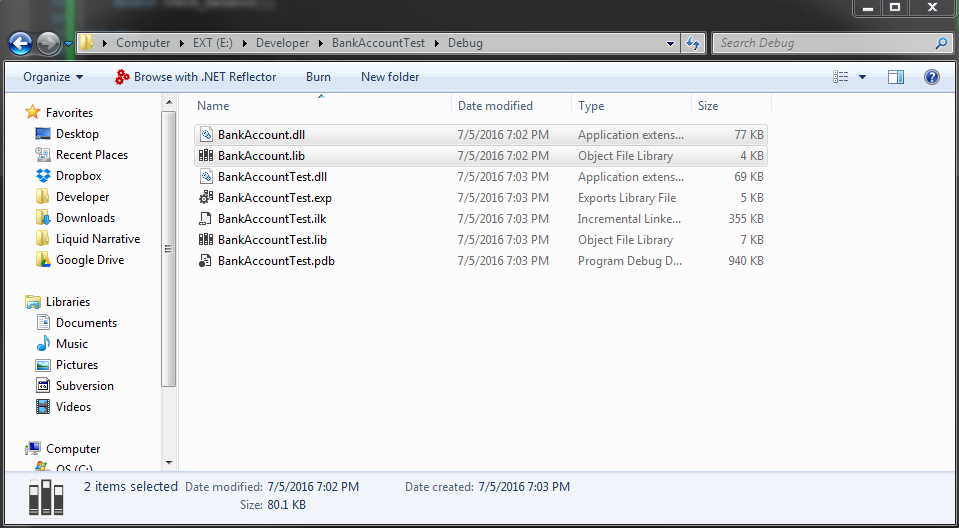 This picture shows the Windows Explorer window opened to the path that represents the test project's build Debug directory, with the previously created BankAccount DLL and LIB files added.