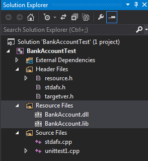 This picture shows the Microsoft Visual Studio 2013 Solution Explorer Menu, in which the previously created BankAccount DLL and LIB files have been added as references.
