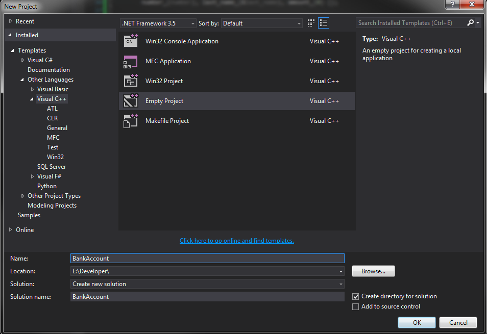 This picture shows the Microsoft Visual Studio 2013 New Project Wizard, in which the Empty Project menu item is selected.  The project is named BankAccount, and is configured as a New Solution.